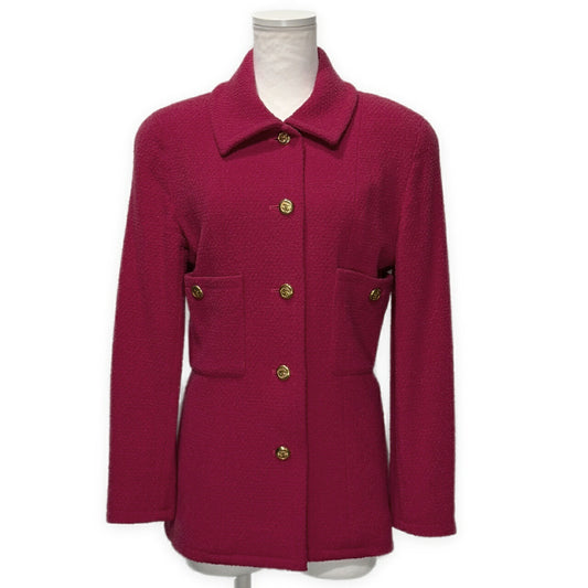 CHANEL 90s Vintage Pink Wool Tweed Gold Buttons Jacket Size 38