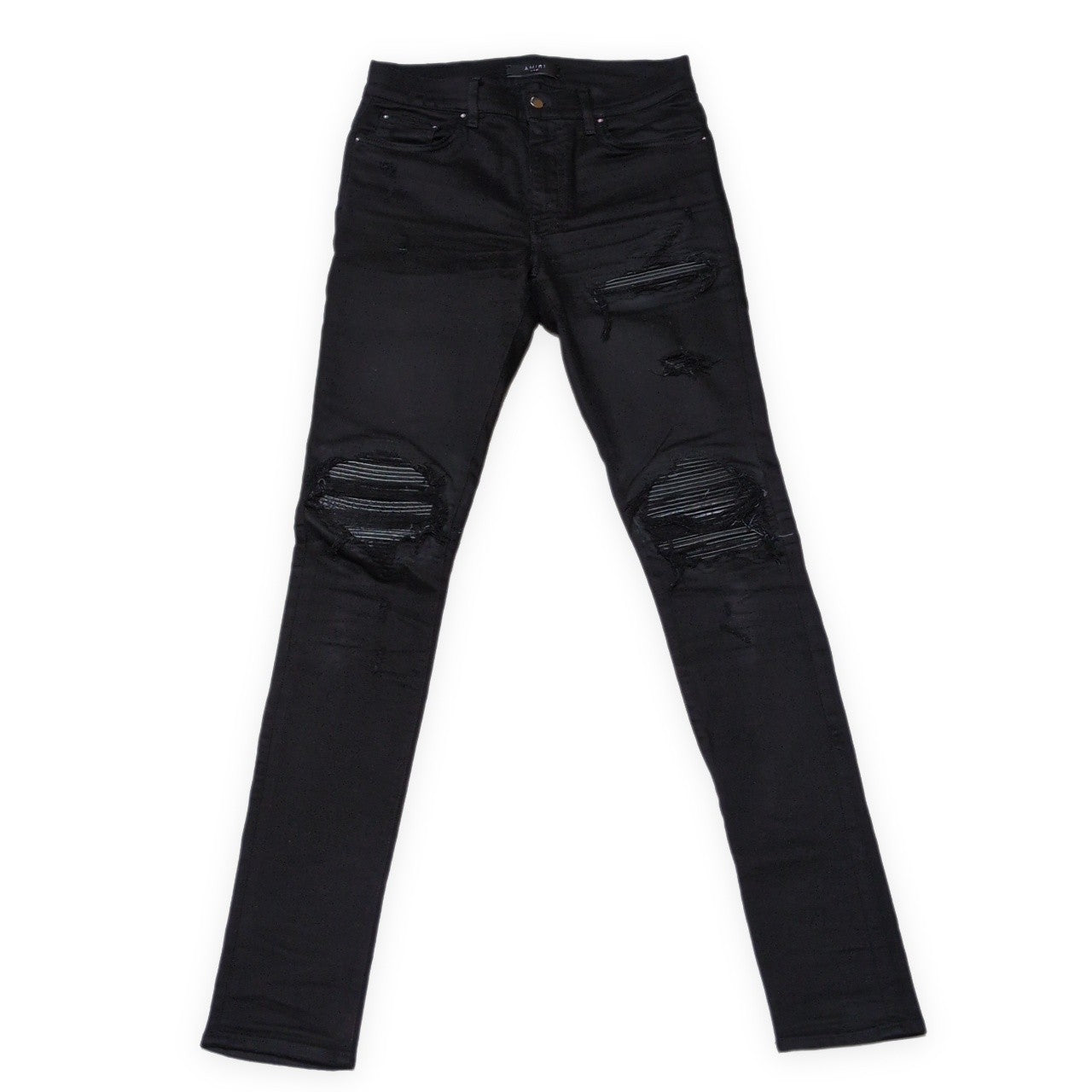 AMIRI MX1 Black Leather Patch Skinny Jeans Size 30