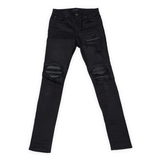 AMIRI MX1 Black Leather Patch Skinny Jeans Size 30