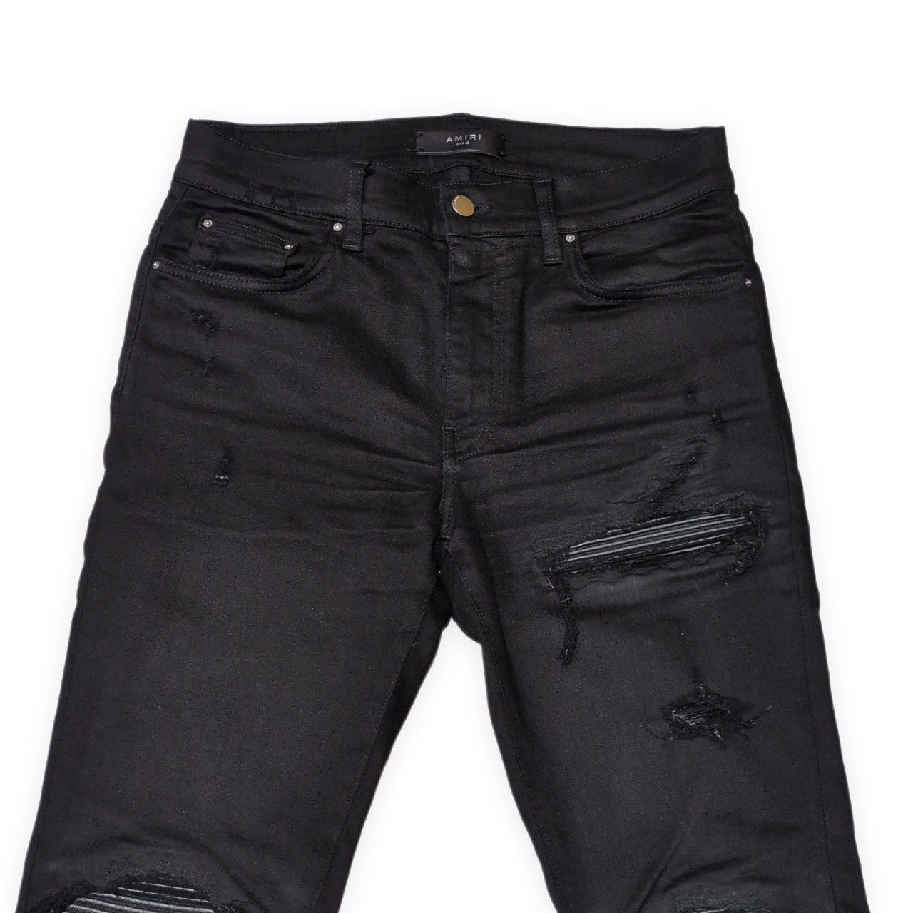 AMIRI MX1 Black Leather Patch Skinny Jeans Size 30