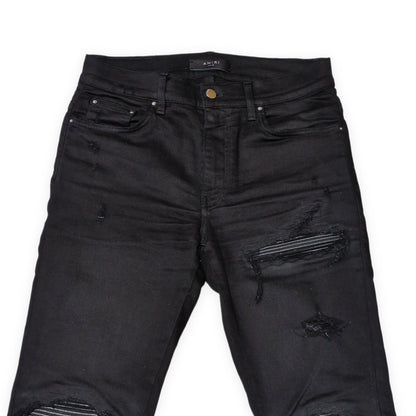AMIRI MX1 Black Leather Patch Skinny Jeans Size 30