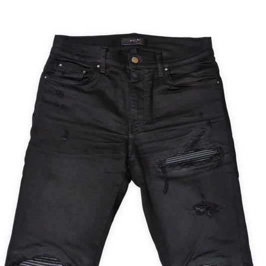 AMIRI MX1 Black Leather Patch Skinny Jeans Size 30