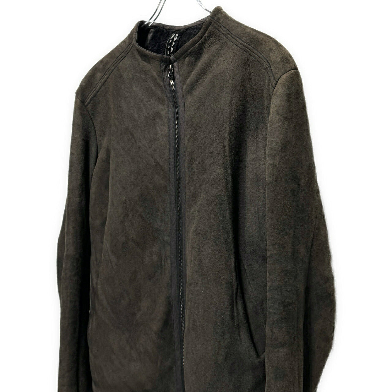 ISAAC SELLAM Brown Mouton Leather Collarless Jacket Size S