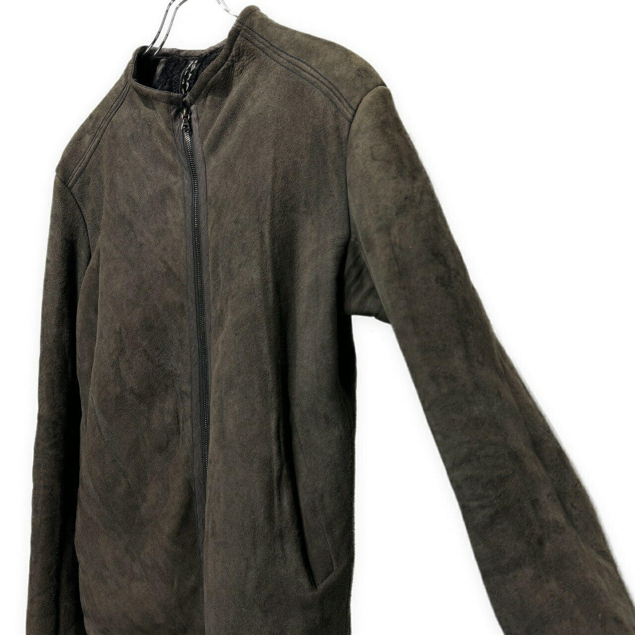 ISAAC SELLAM Brown Mouton Leather Collarless Jacket Size S