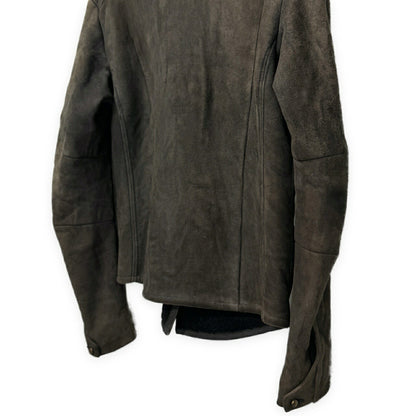 ISAAC SELLAM Brown Mouton Leather Collarless Jacket Size S