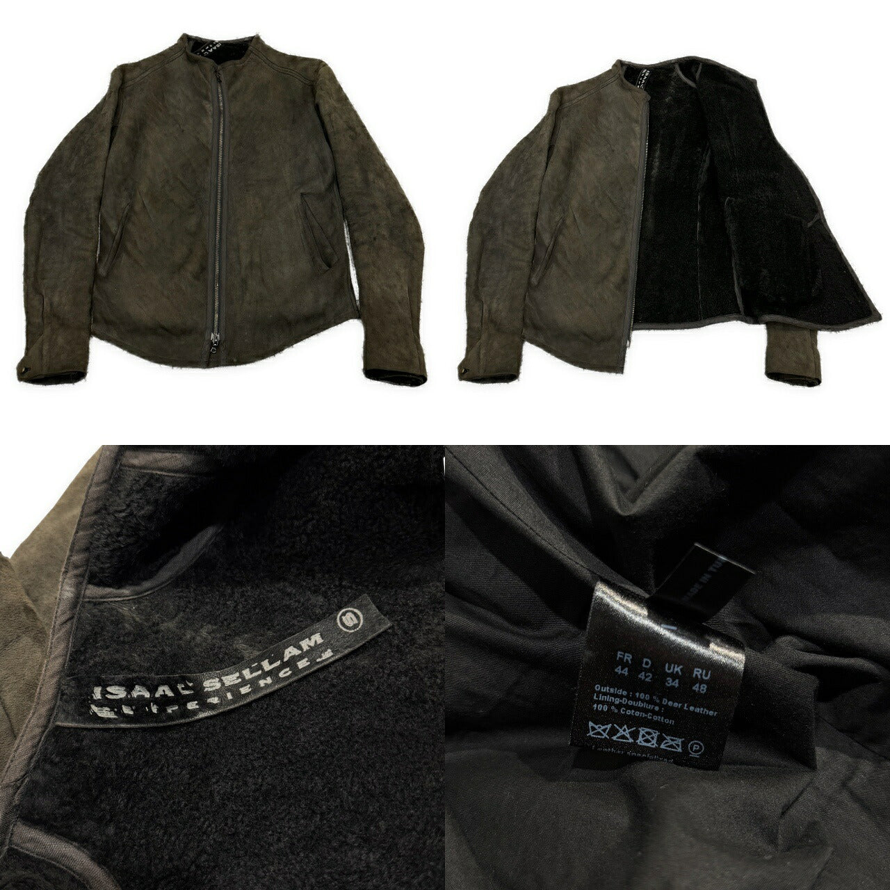ISAAC SELLAM Brown Mouton Leather Collarless Jacket Size S