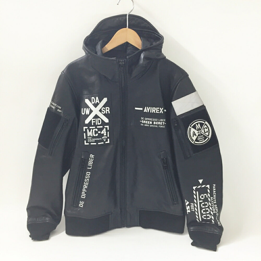 AVIREX Lamb Leather Hoodie Jacket Black Size L