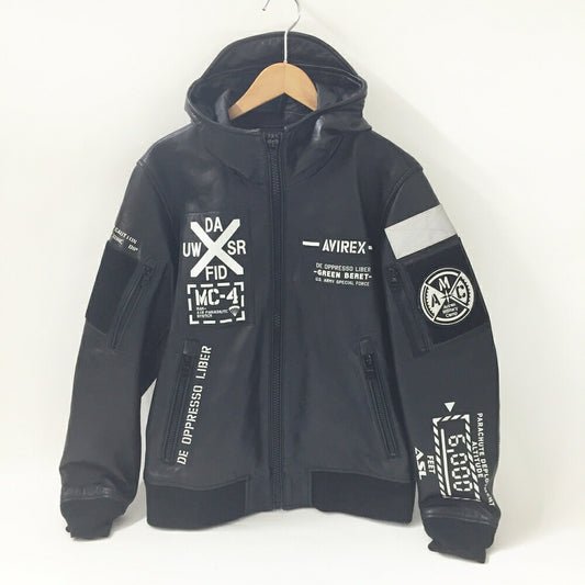 AVIREX Lamb Leather Hoodie Jacket Black Size L