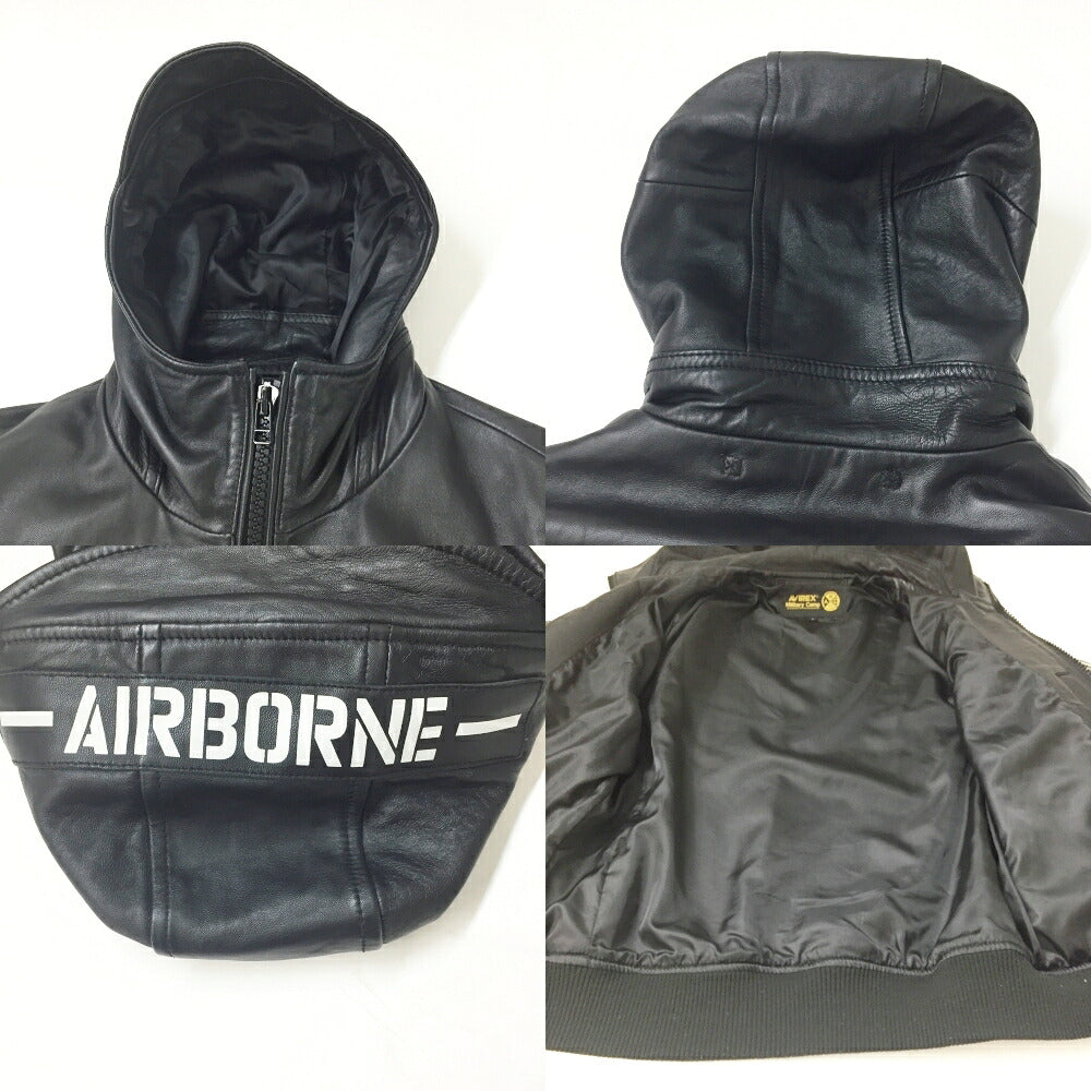 AVIREX Lamb Leather Hoodie Jacket Black Size L