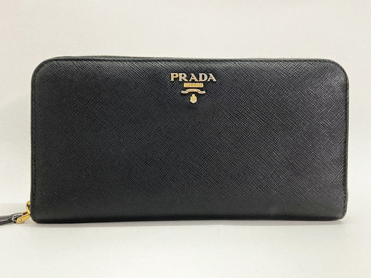 PRADA Black Round Zipper Long Wallet Size ONE SIZE