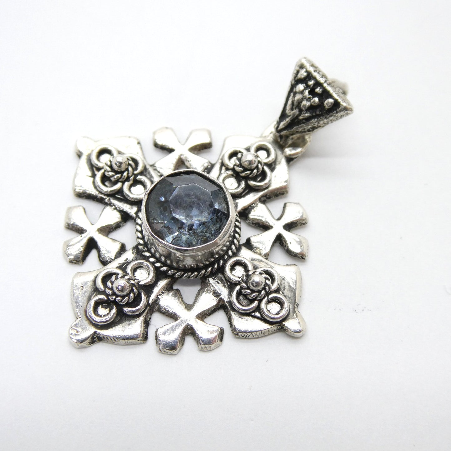Unknown Vintage Jerusalem Cross Blue Stone Pendant Silver