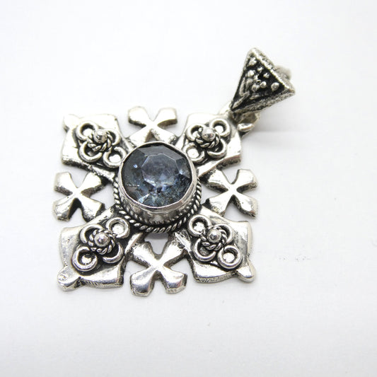 Unknown Vintage Jerusalem Cross Blue Stone Pendant Silver