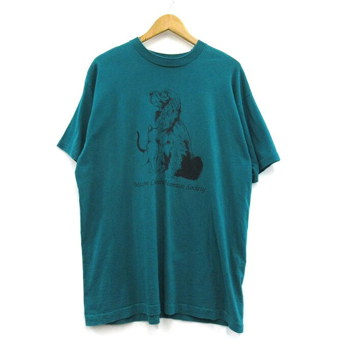 FRUIT OF THE LOOM 90s Animal Dog Cat T-Shirt Green Size XL