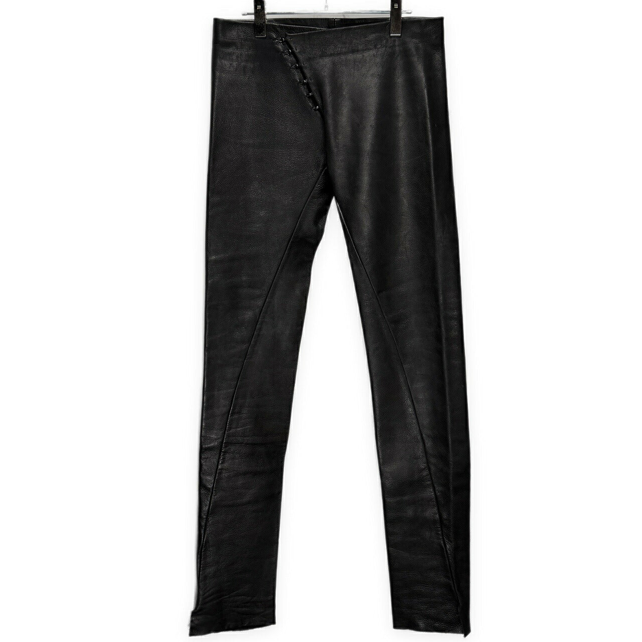 Obscur Cow Leather Hook Fly Side Slit Casual Pants Black