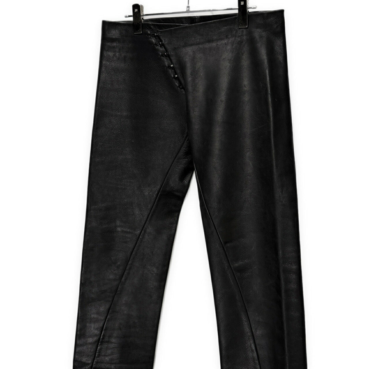 Obscur Cow Leather Hook Fly Side Slit Casual Pants Black