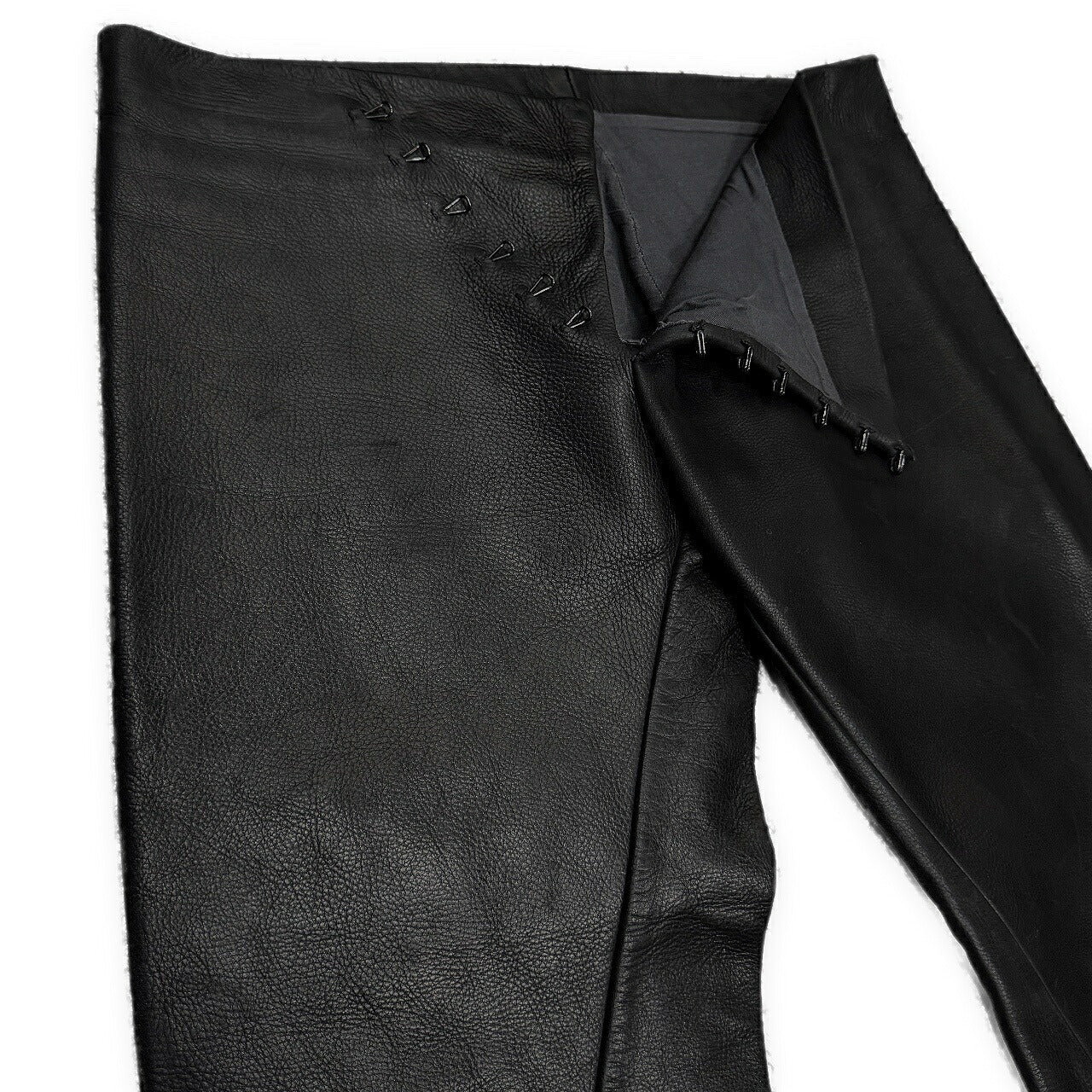 Obscur Cow Leather Hook Fly Side Slit Casual Pants Black