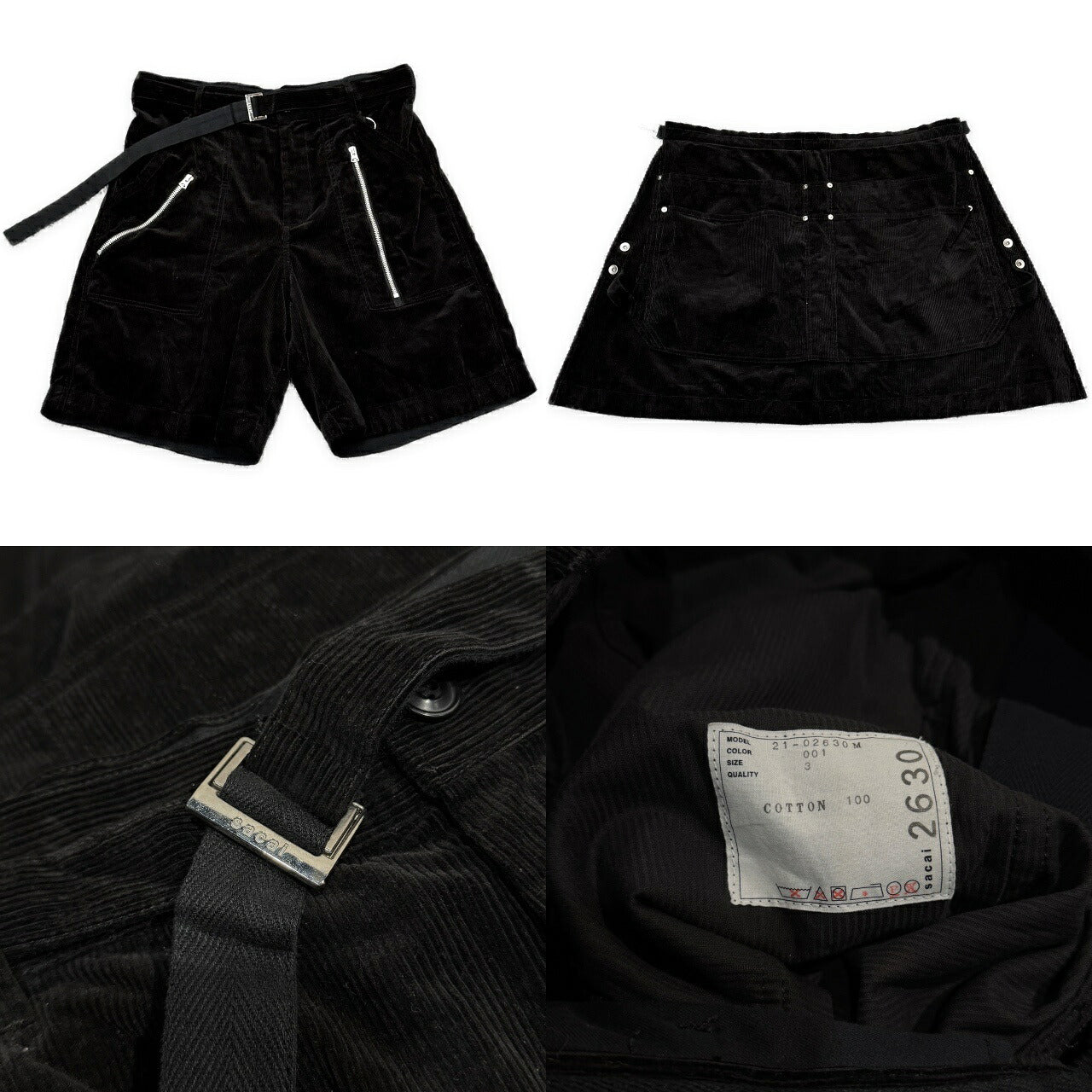 sacai 21AW Cotton Corduroy Bum Flap Shorts Black Size 3