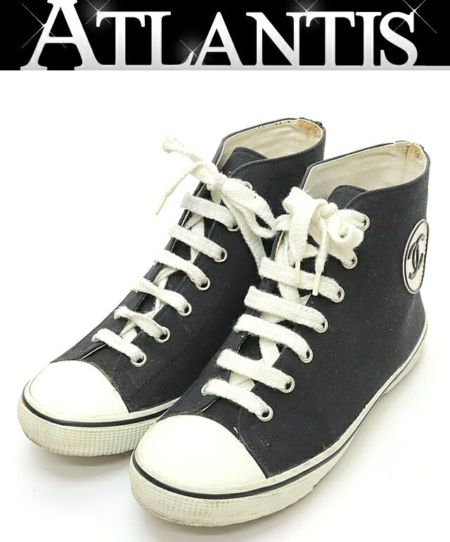 CHANEL Coco Mark Canvas High-Top Sneakers Size 37