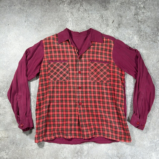 Vintage 50s Corduroy Rayon Panel Open Shirt Red Size M