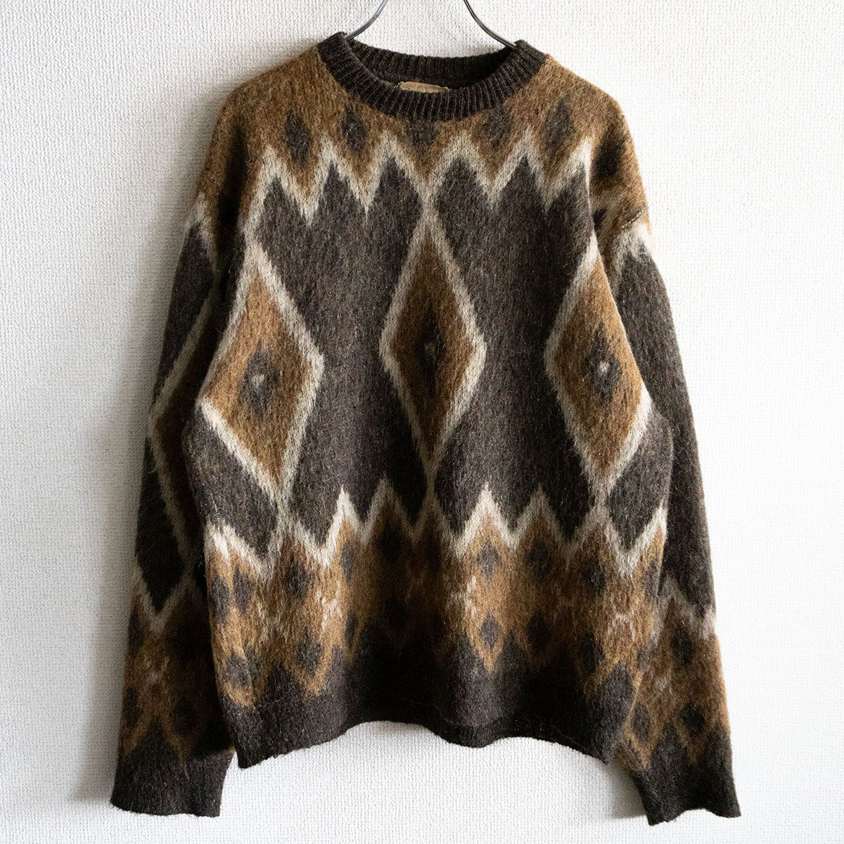 BRENT 60s Argyle Wool-Mohair Knit Sweater Brown Size M