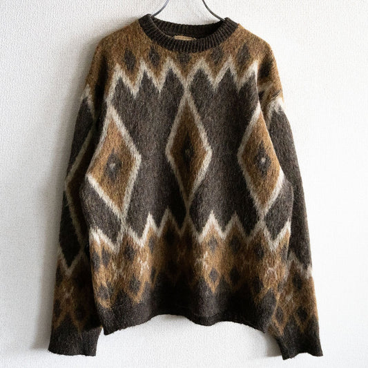 BRENT 60s Argyle Wool-Mohair Knit Sweater Brown Size M