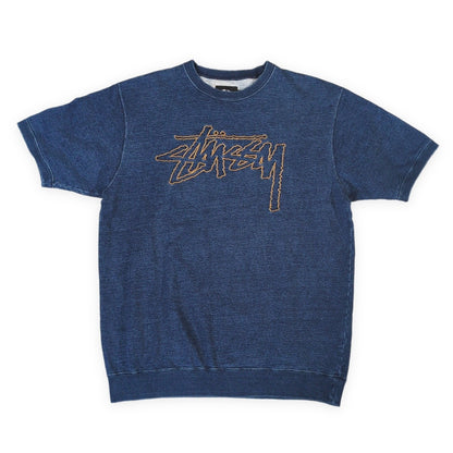 STUSSY Embroidered Logo Short Sleeve Sweatshirt Navy Size L