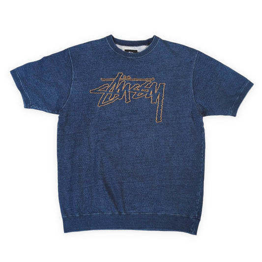 STUSSY Embroidered Logo Short Sleeve Sweatshirt Navy Size L