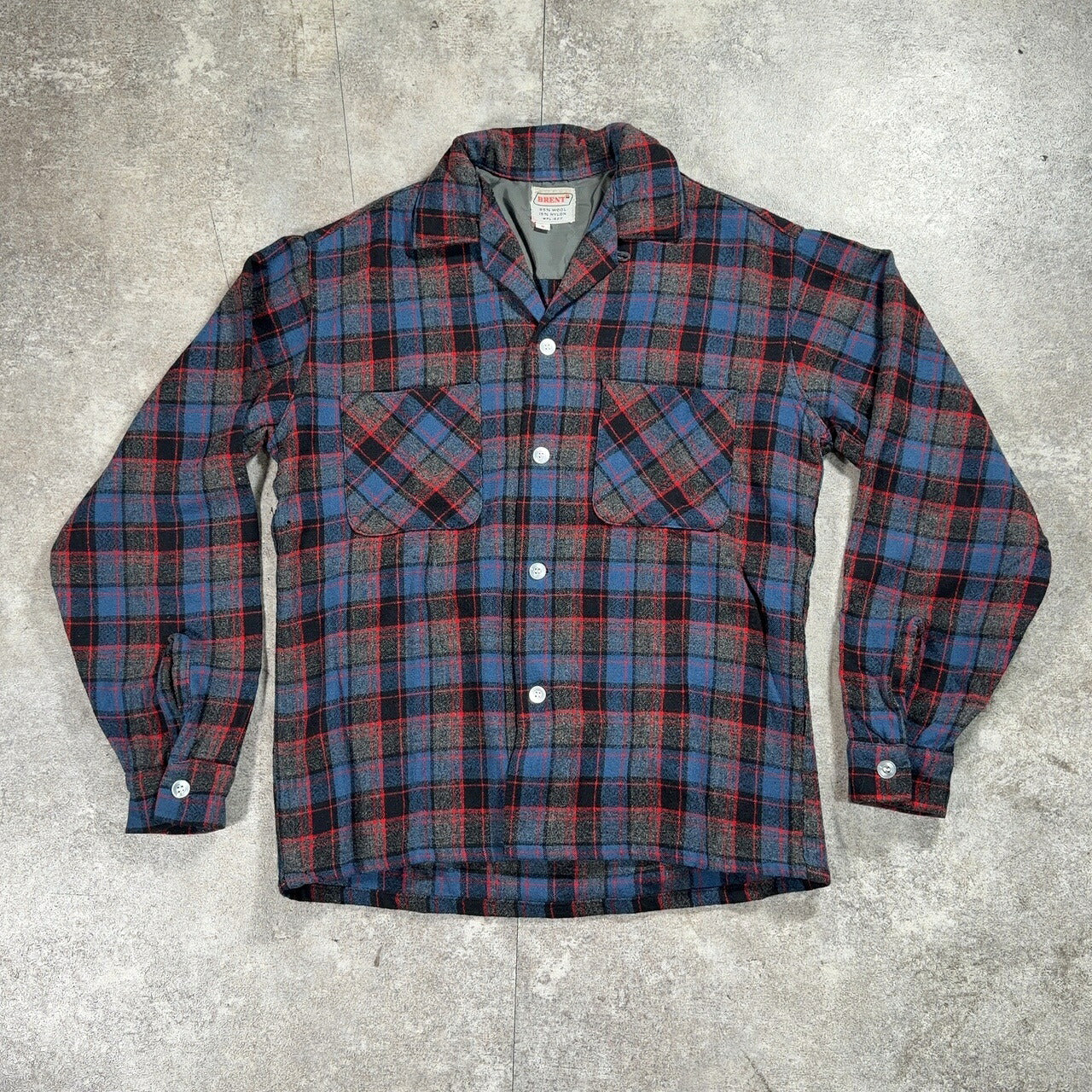 BRENT 60s Wool Check Open Collar Shirt Size S