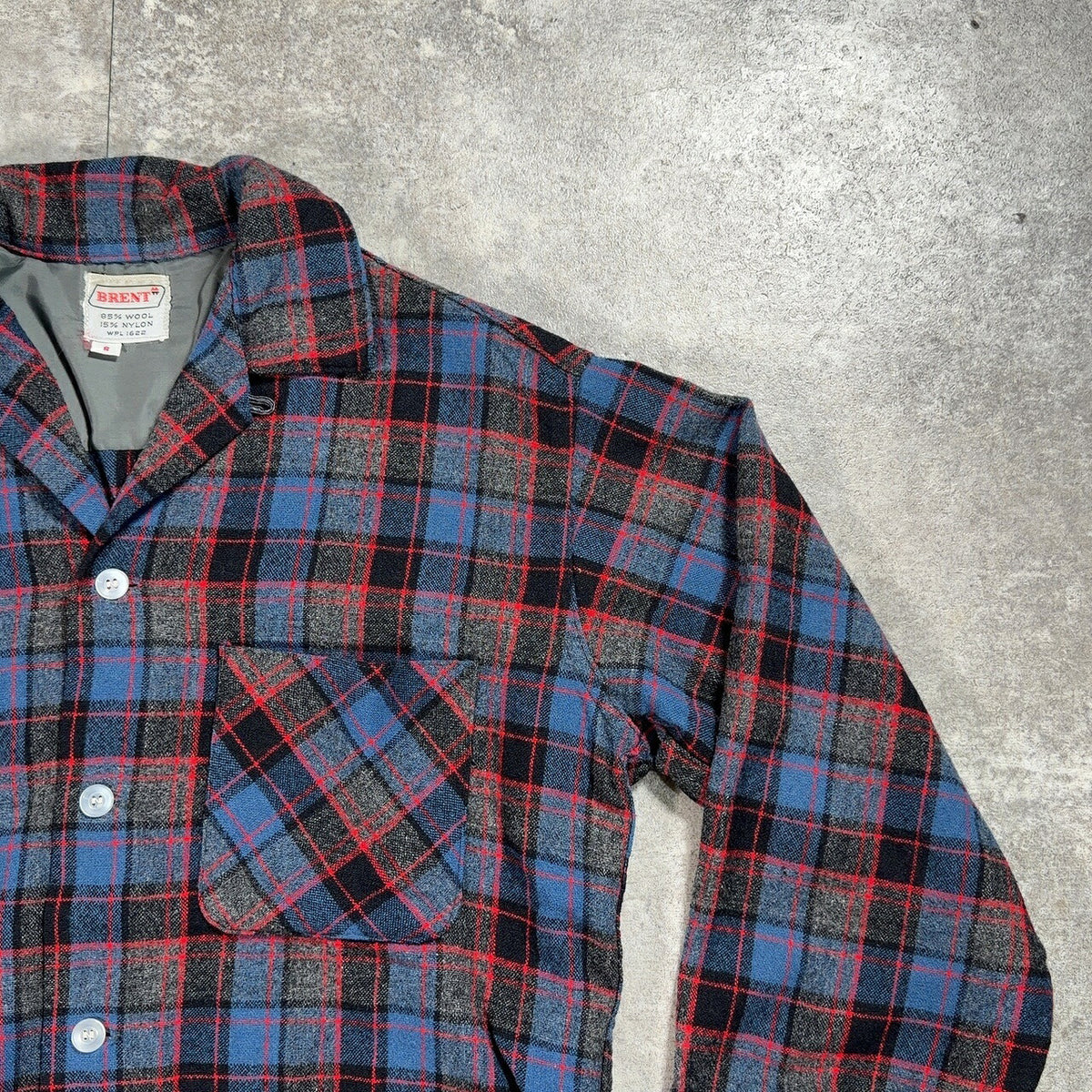 BRENT 60s Wool Check Open Collar Shirt Size S