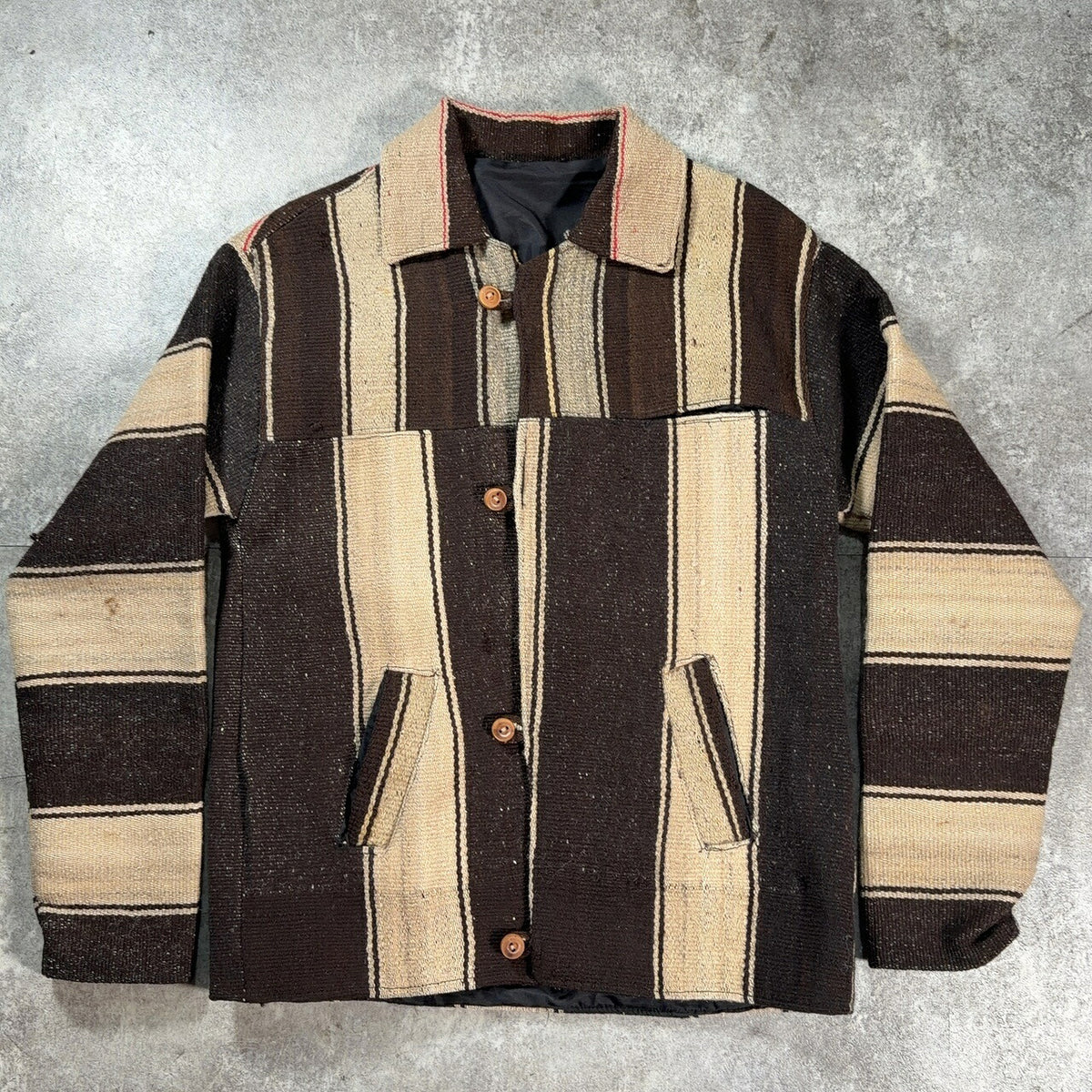 VINTAGE Striped Blanket Wood Button Jacket Brown