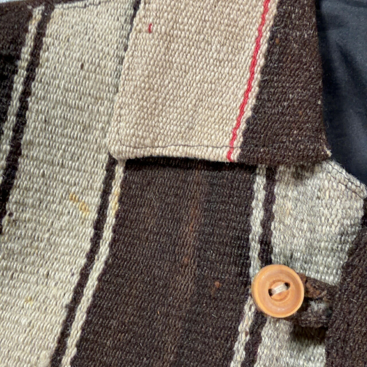 VINTAGE Striped Blanket Wood Button Jacket Brown