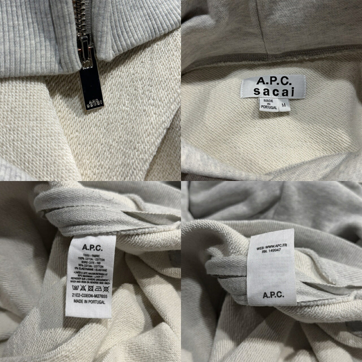 A.P.C x sacai 21SS Side Zip Logo Print Hoodie Gray Size M