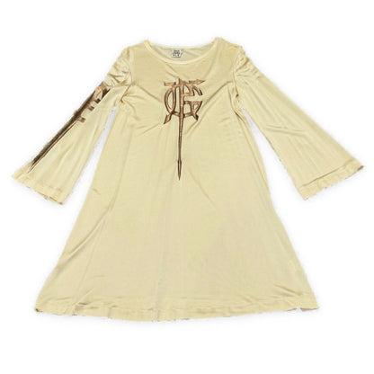 JPG PARIS Flare Sleeve Logo Print Rayon Dress Beige Size S