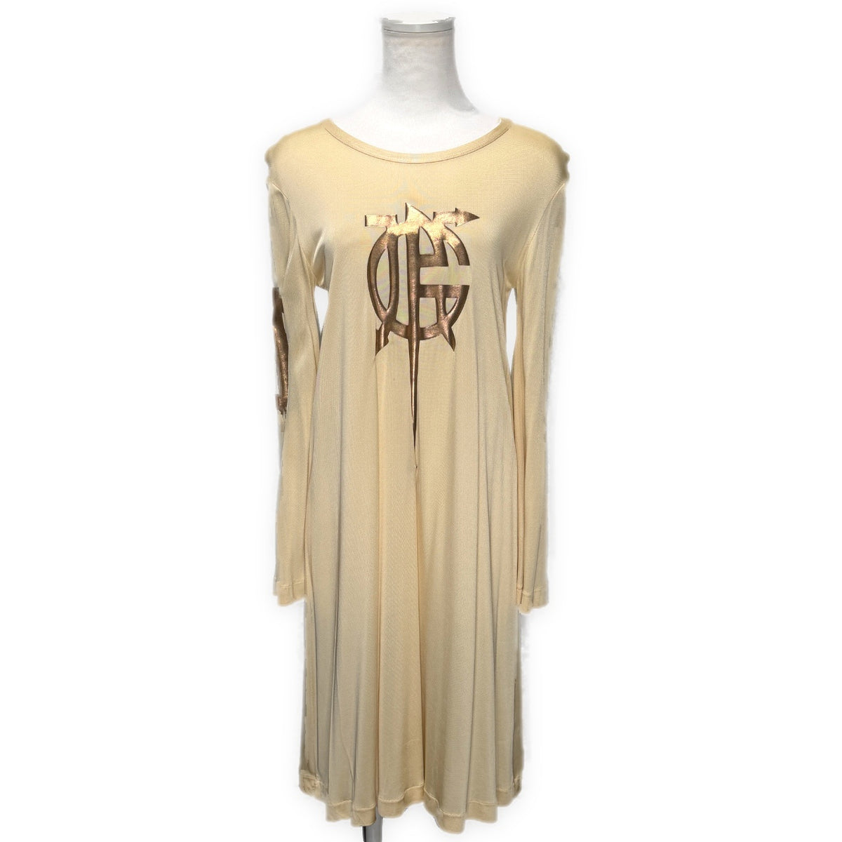 JPG PARIS Flare Sleeve Logo Print Rayon Dress Beige Size S