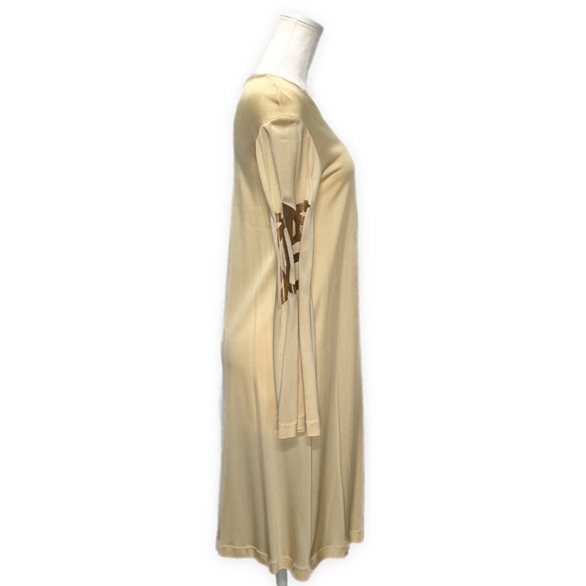 JPG PARIS Flare Sleeve Logo Print Rayon Dress Beige Size S
