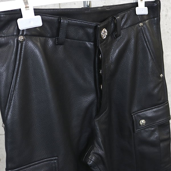 CHROME HEARTS Devil Dog Black Leather Cargo Pants Size 30
