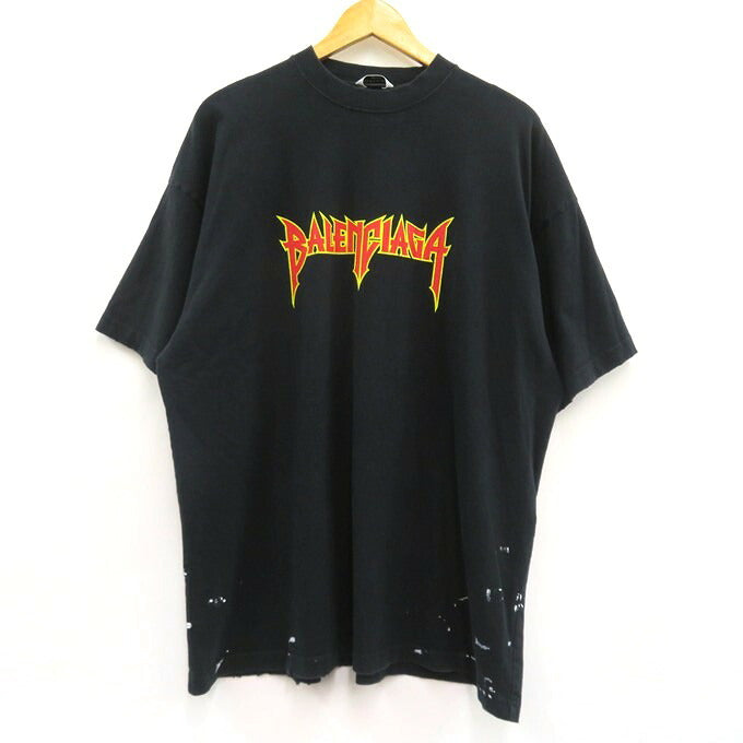 BALENCIAGA Metal Logo Distressed T-Shirt Black Size 2