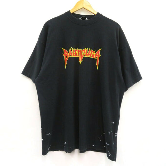 BALENCIAGA Metal Logo Distressed T-Shirt Black Size 2