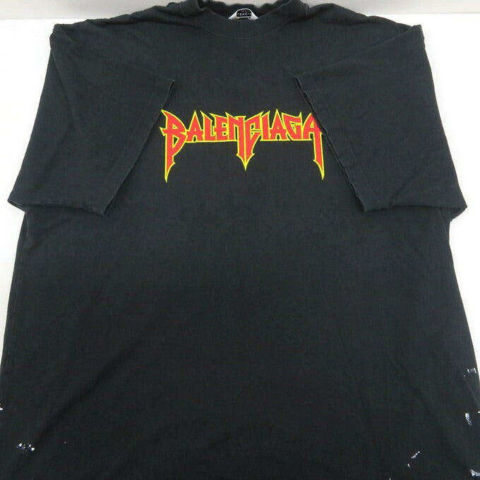 BALENCIAGA Metal Logo Distressed T-Shirt Black Size 2