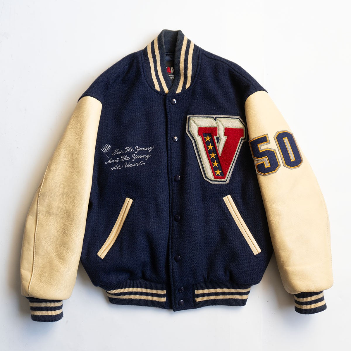 VAN JAC Leather Sleeve Varsity Jacket Size L