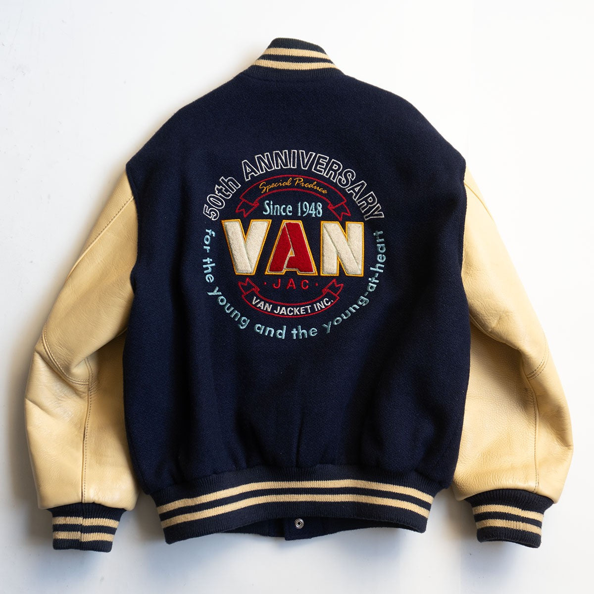 VAN JAC Leather Sleeve Varsity Jacket Size L