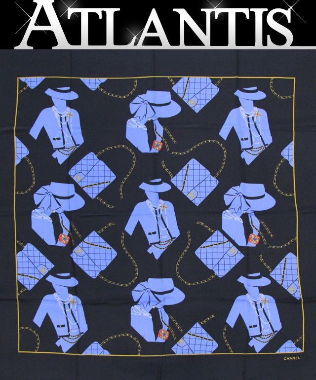 CHANEL Vintage Mademoiselle Black Blue Scarf Size ONE SIZE