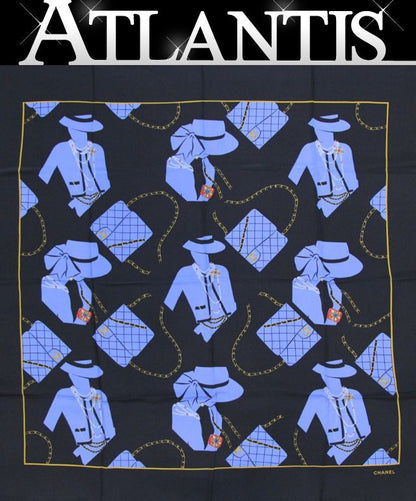 CHANEL Vintage Mademoiselle Black Blue Scarf Size ONE SIZE