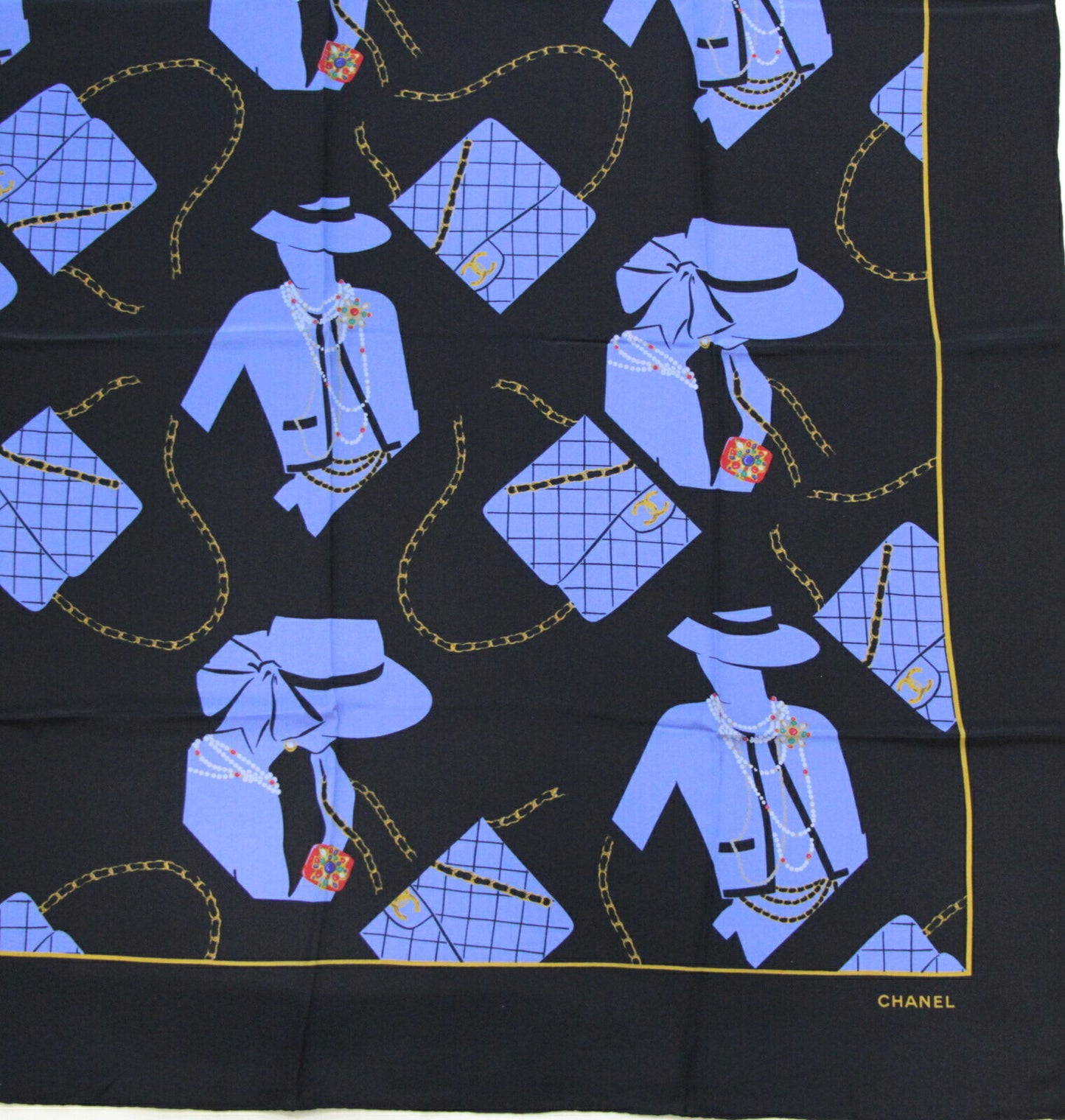 CHANEL Vintage Mademoiselle Black Blue Scarf Size ONE SIZE
