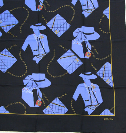 CHANEL Vintage Mademoiselle Black Blue Scarf Size ONE SIZE