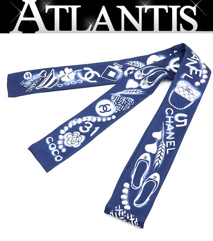 CHANEL Navy Symbol Pattern Silk Scarf Size ONE SIZE