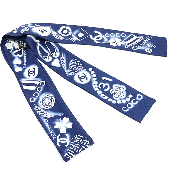 CHANEL Navy Symbol Pattern Silk Scarf Size ONE SIZE