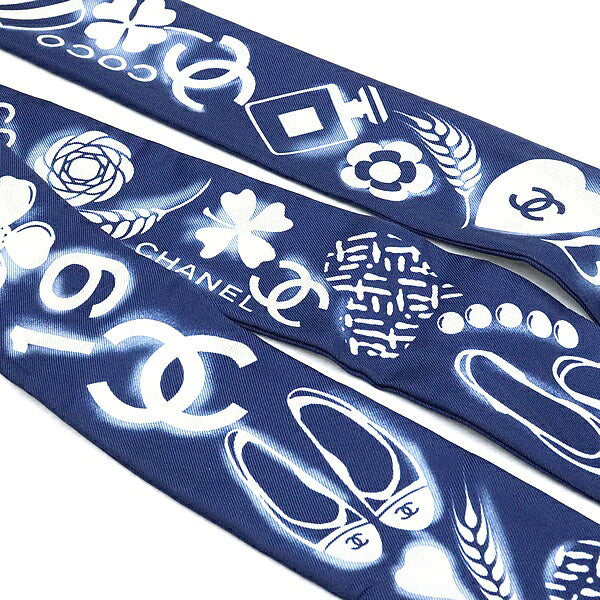 CHANEL Navy Symbol Pattern Silk Scarf Size ONE SIZE