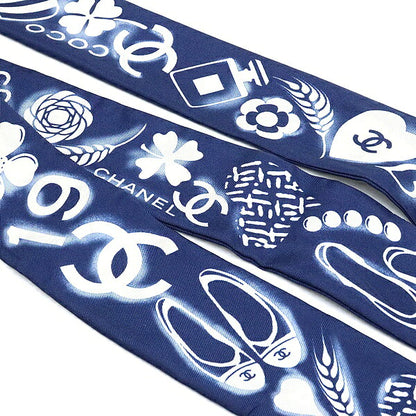 CHANEL Navy Symbol Pattern Silk Scarf Size ONE SIZE