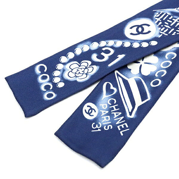 CHANEL Navy Symbol Pattern Silk Scarf Size ONE SIZE
